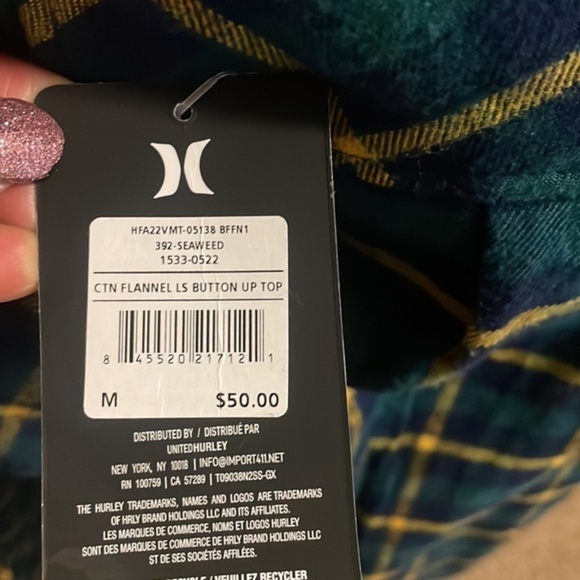 Hurley Men's Intern Plaid Flannel Button Down Shirt. Blue green yellow Shacket M - Picture 9 of 10